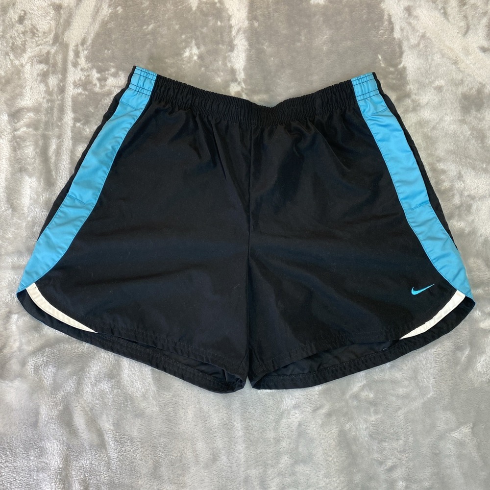 Nike Running Shorts Women Medium Black Blue‎ Athletic Swoosh Logo Gym Workout